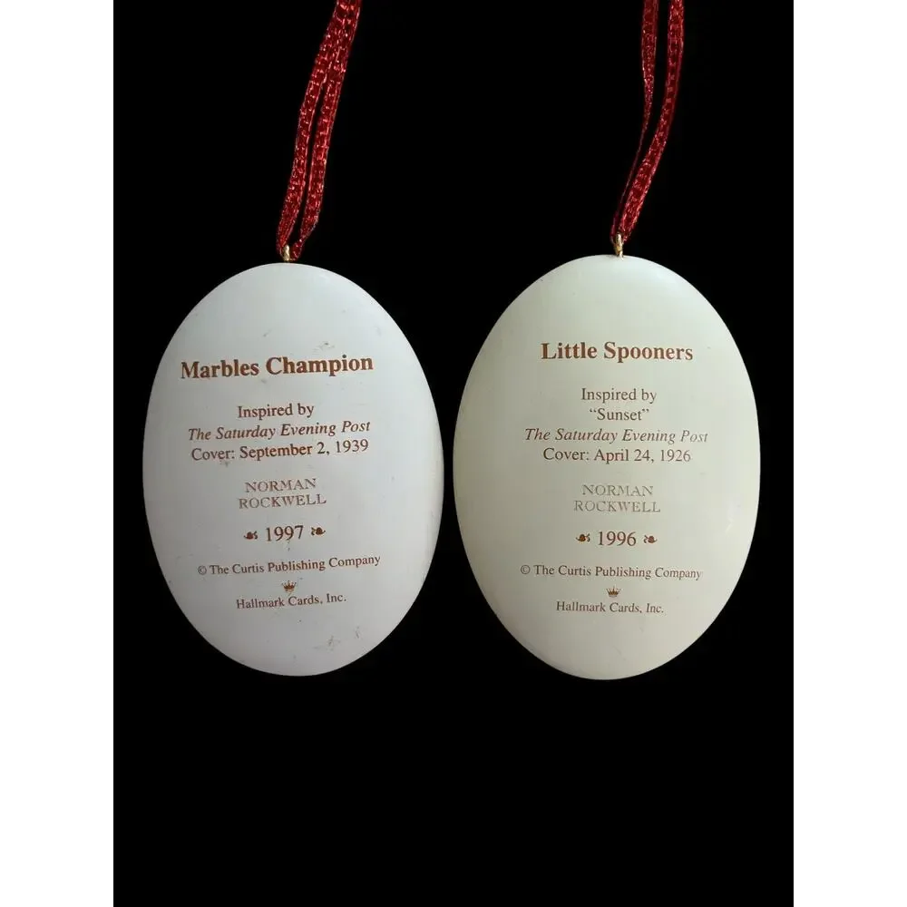 Little Spooners And Marbles Champion Norman Rockwell Art 2 Hallmark Ornaments